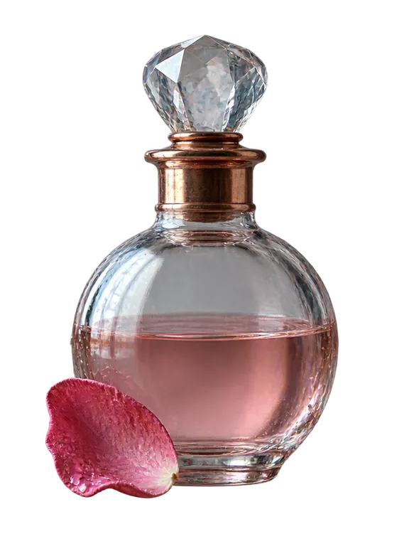 Botol mawar damask, bulat, minyak merah muda setengah.