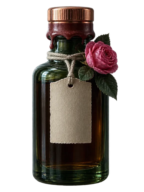 Botol akar wangi, kaca hijau tebal, minyak ambar penuh.