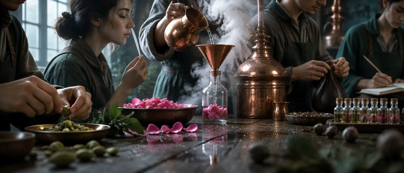 Lima murid penyuling di satu meja kerja: tangan memecah kapulaga, seorang gadis mencium kertas uji dengan mata terpejam, tangan menuang air mawar lewat corong tembaga, pemuda mengikat botol kulit, gadis mencatat di buku di samping deretan botol kecil.