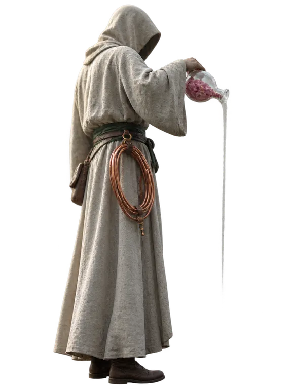 Penyuling berkerudung tanpa nama, membelakangi kita, menuang cairan putih susu dari botol kaca.